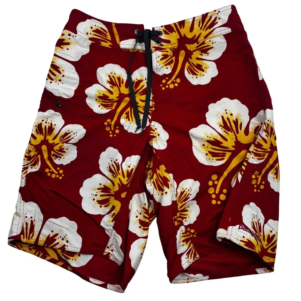 Patagonia Mens Hibiscus Floral Board Shorts Red Yellow 28 Swim Trunks‎ 9 Inseam
